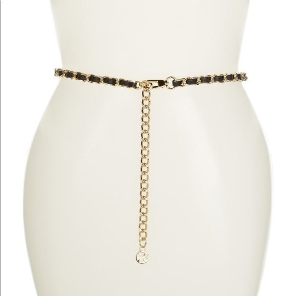 NWT Tory Burch Leather and Chain Belt Black/Gold Large - Picture 1 of 3